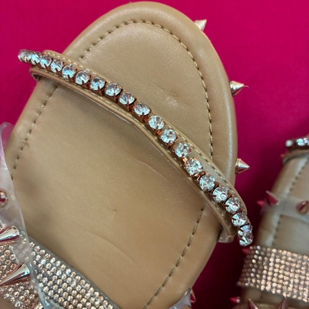 Azalea Wang Tan Studded Rhinestone Slide Sandals Women's size 9 like new - Picture 6 of 7